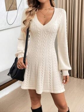 White Cable Knit V-Neck Long Sleeves Sweater Dress